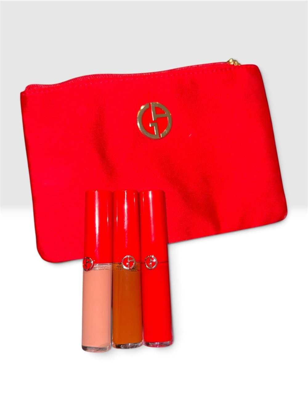 Giorgio Armani Red Cosmetic Pouch with Nude, Brown, and Red Lip Glosses
